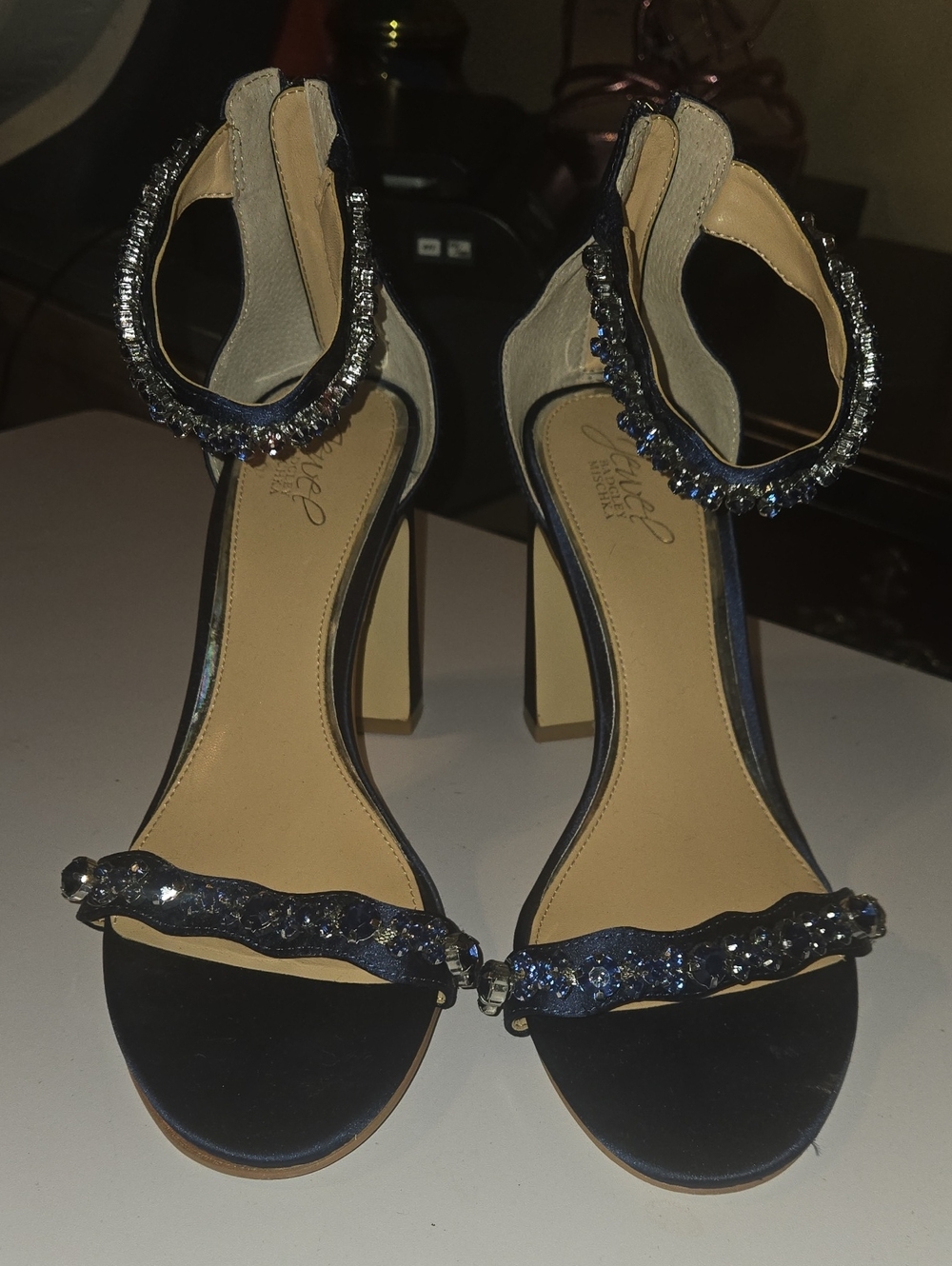 Jewel Badgley Mischka Navy Crystal-Ankle Strap Block Heels